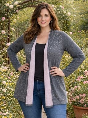 Coldwater Creek NWT Pointelle Detail Cardigan Gray 100% Wool Size XL Retails $90